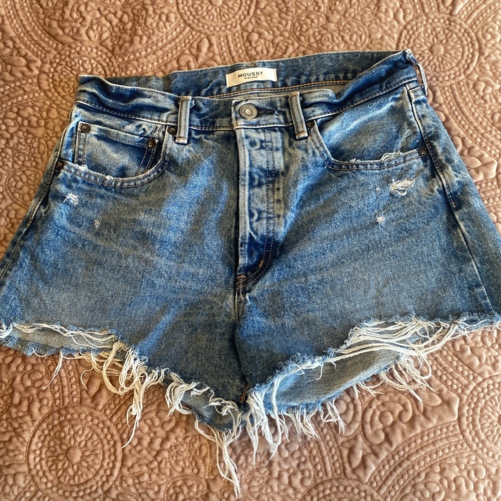 MOUSSY Denim Distressed Shorts in Blue